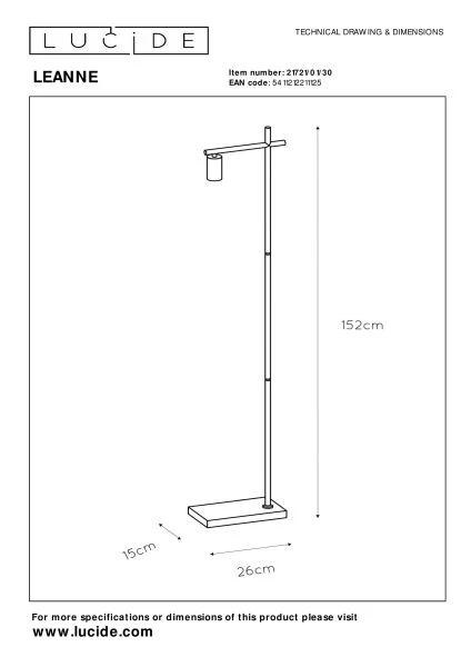 Lucide LEANNE - Lampadaire - 1xE27 - Noir - TECHNISCH